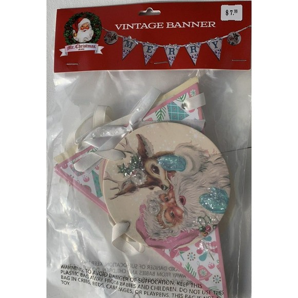 Mr. Christmas Banner MERRY Pink Turquoise Santa Reindeer 1950s Retro Ribbon 53" - Picture 10 of 11